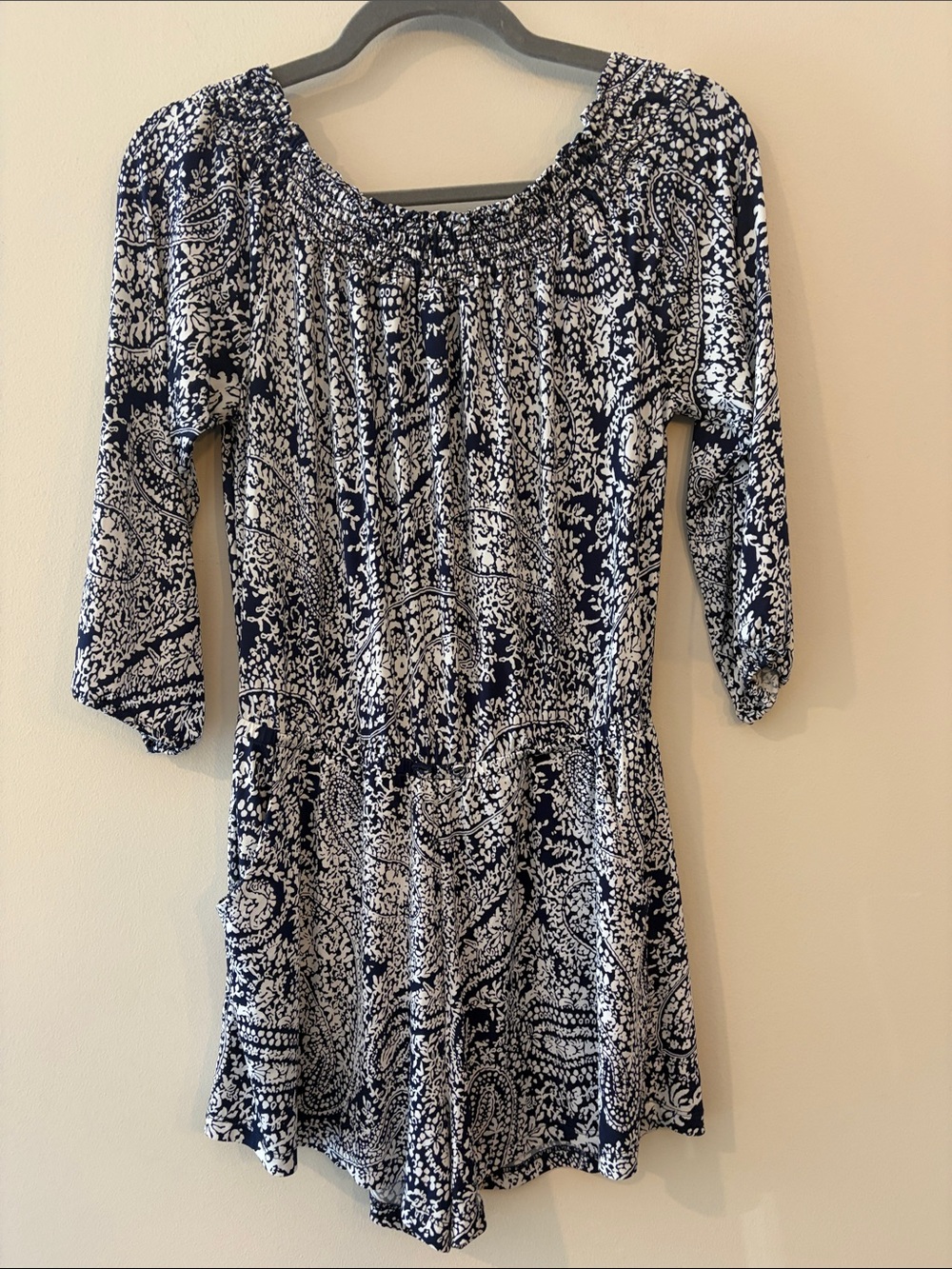 Veronica M Navy and White Paisley Romper